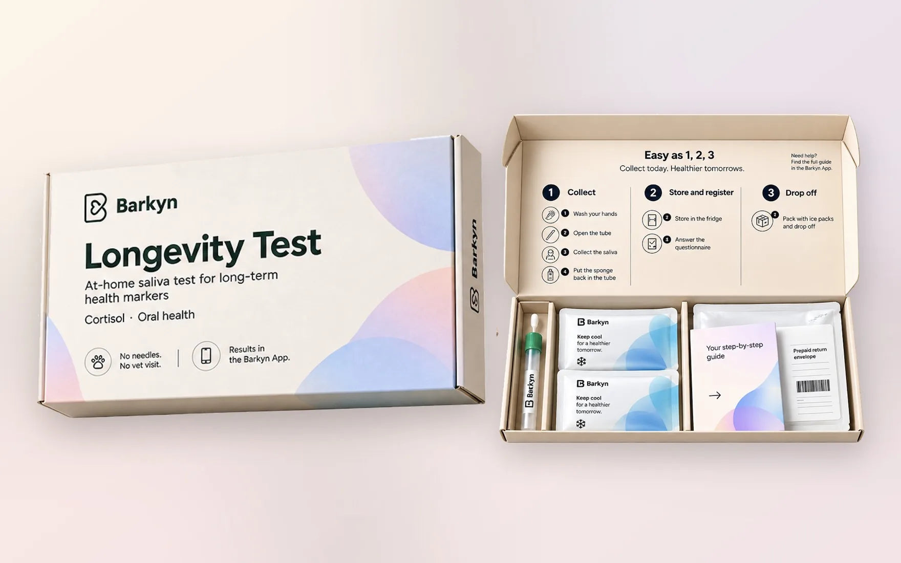 El Test de Longevidad Barkyn: la caja cerrada del test de saliva y el kit abierto, con el tubo de recogida, los sobres de frío, la guía paso a paso y el sobre prepagado