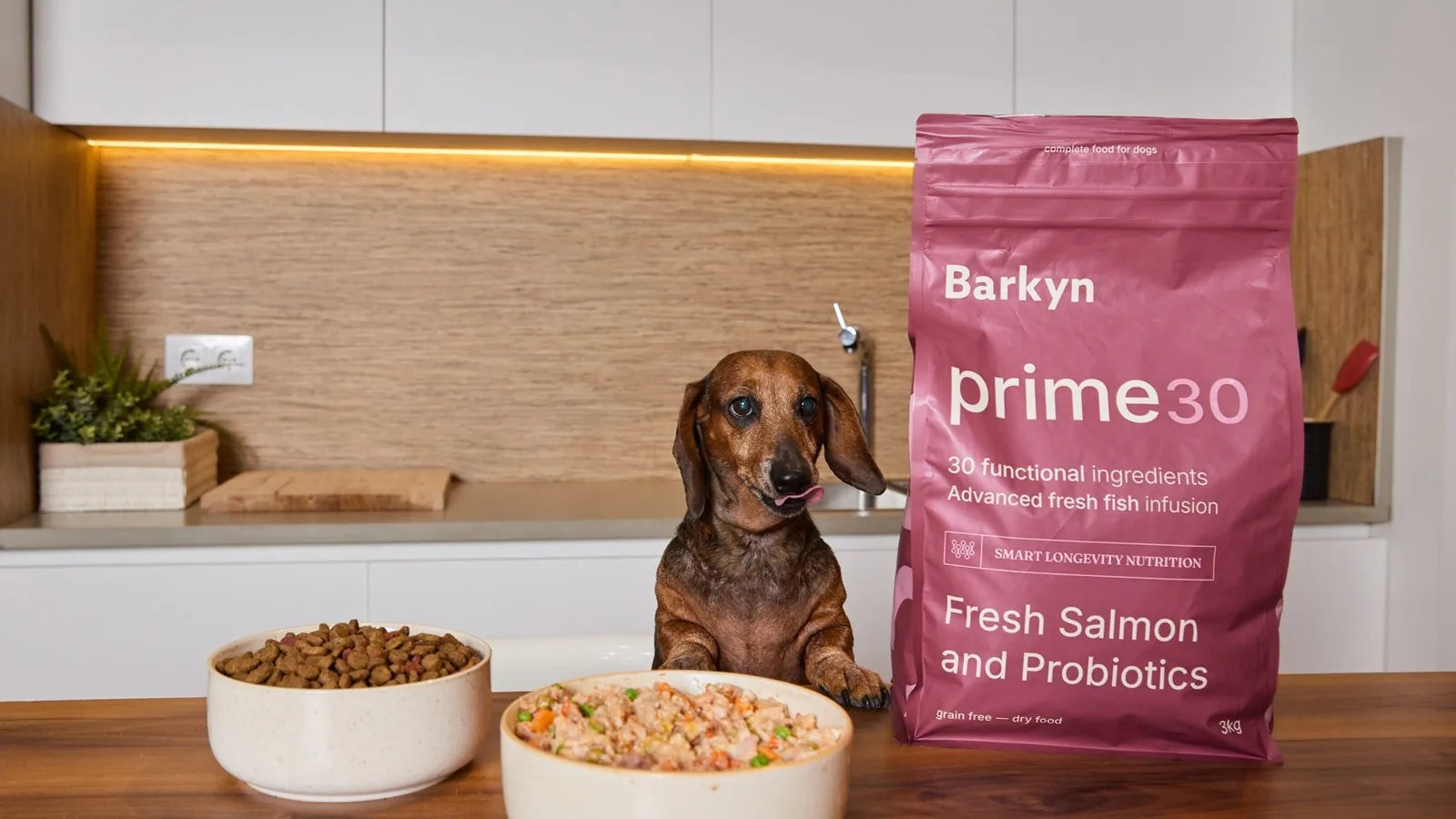 Un perro en la mesa, el cuenco de Prime 30 y el cuenco de comida fresca junto al saco de Prime 30, en una cocina